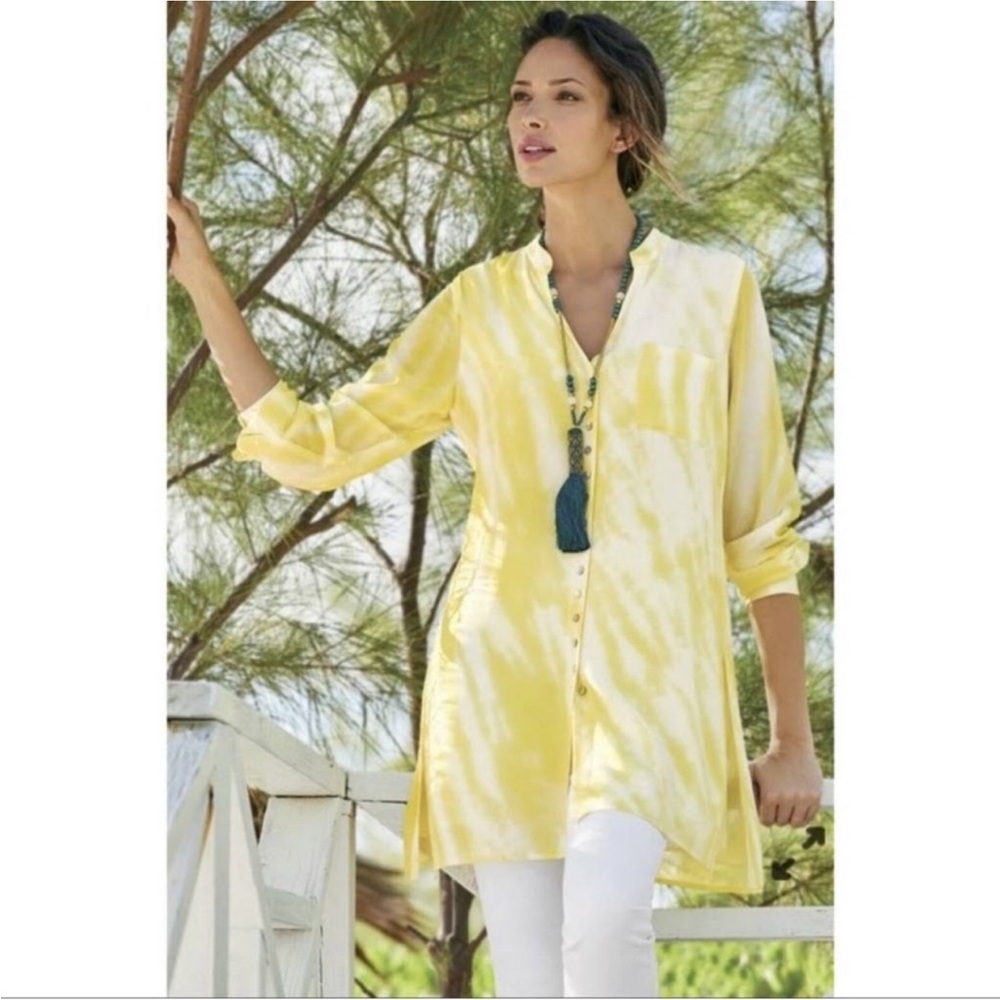 Soft Surroundings Womens Button Front Tunic in Yellow and White Size Large
